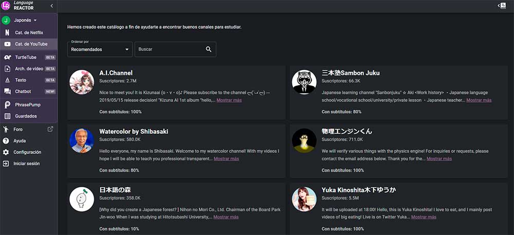 LLN Catálogo canales de youtube en japonés